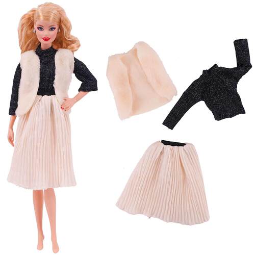 Barbies Doll Clothes Plush Jacket + Fashionable Suit Skirt +