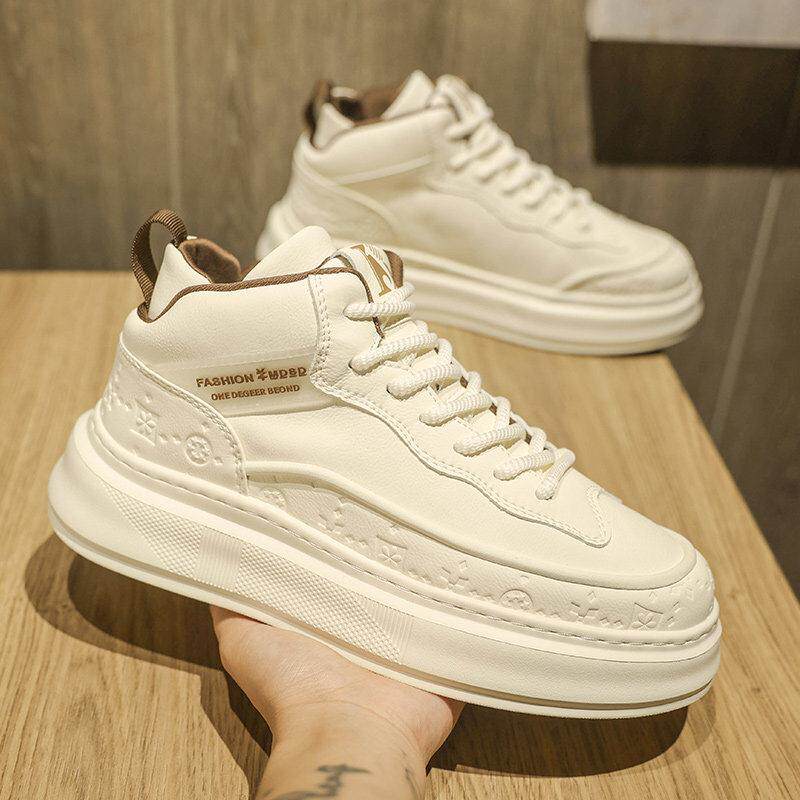 高帮鞋男2025新款潮流百搭休闲中帮板鞋男士真皮厚底防滑小白潮鞋