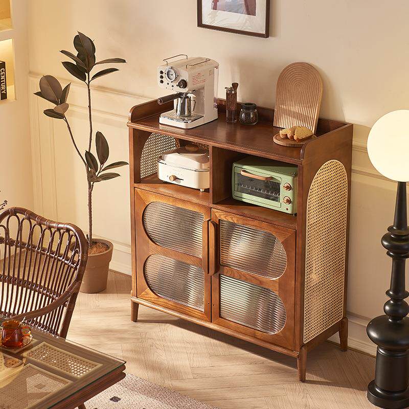北欧实木藤编餐边柜客厅中古风民宿储物柜侘寂风玄关双门茶水柜子