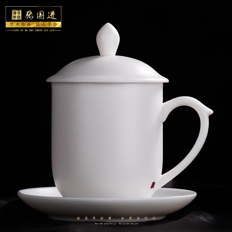 高档陶瓷办公杯会议杯中国白羊脂玉素烧茶杯带盖子将军杯水杯带托图片