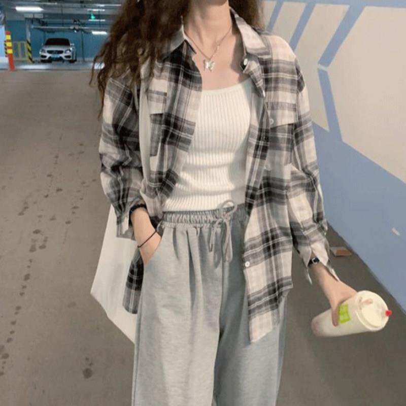 格子衬衫女2025早秋新款宽松休闲叠穿大码小个子翻领长袖衬衣外套