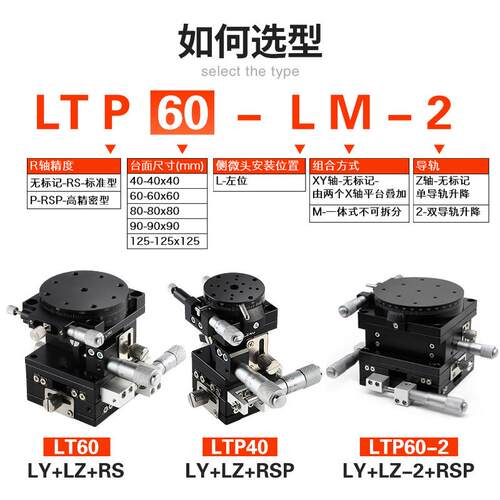 XYZR轴微调平台精密位移移动升降四轴滑台LTP40/LT60/80/90/125-L