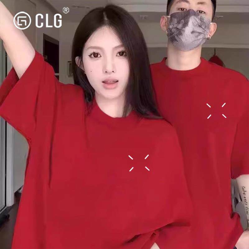 香港CLG潮牌新款红色T恤短袖情侣装本命年多巴胺宽松国风上衣穿搭