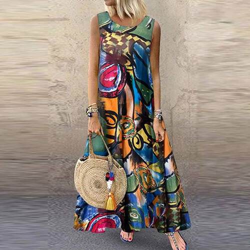 Printed sleeveless long plus size dress for women