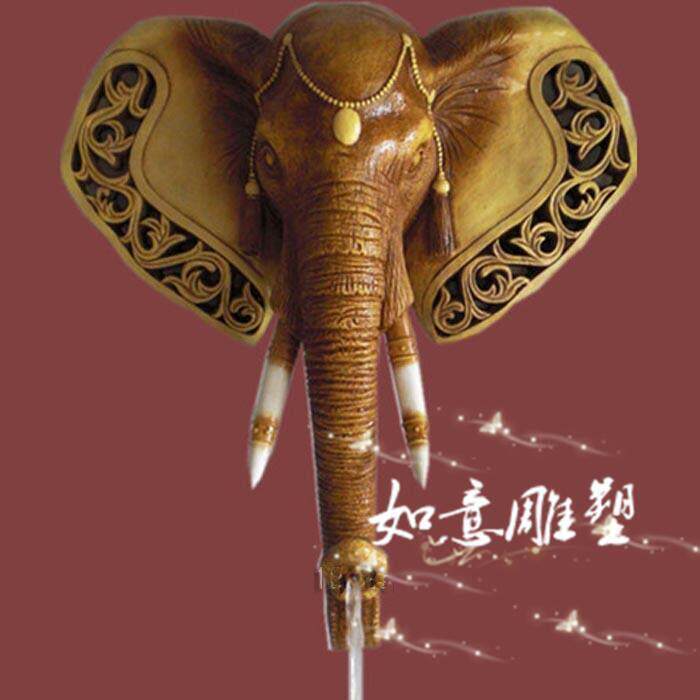 欧式家居墙面挂件雕塑工艺品吉祥大象头水景玻璃钢流水喷泉摆件