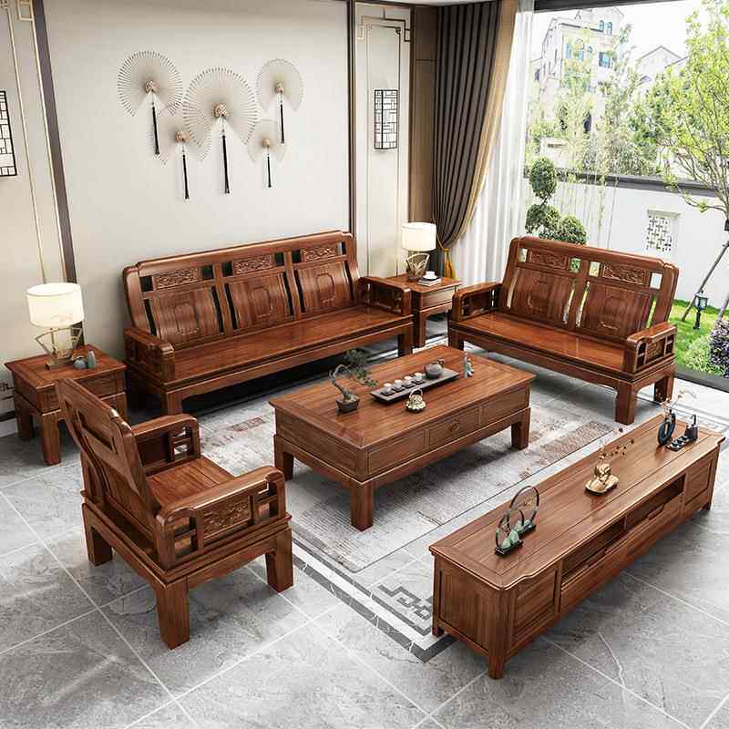 新中式实木沙发简约经济型冬夏两用明清仿古典雕花客厅仿红木家具