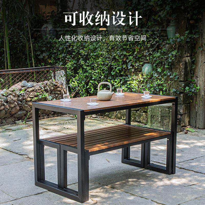 阳台小桌椅组合庭院塑木铁艺小茶几露台花园实木中式新中式户外