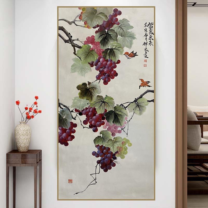 纯手绘油画新中式水果写实葡萄丰收寓意挂画简约风进门玄关装饰画