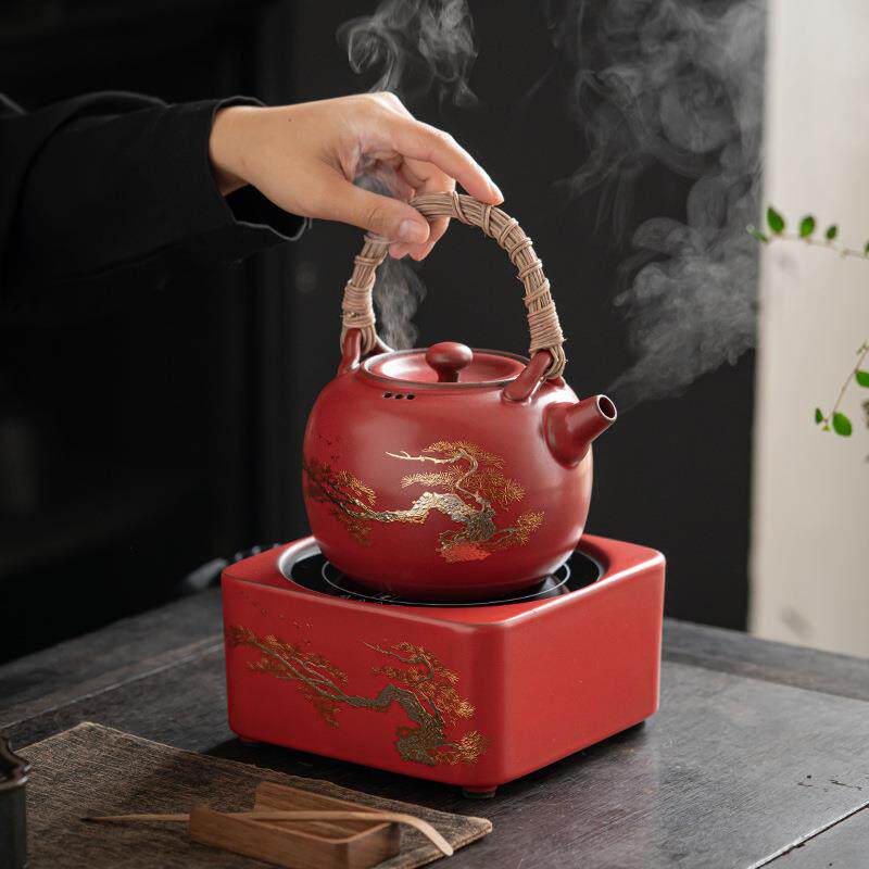 围炉烤茶电陶炉煮茶器家用泡茶烧水壶红色喜庆陶瓷煮茶壶茶具套装