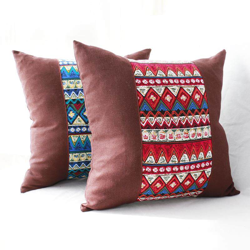 波西米亚棉麻加厚耐用抱枕套纯色拼接靠垫中式沙发床头大靠背布艺