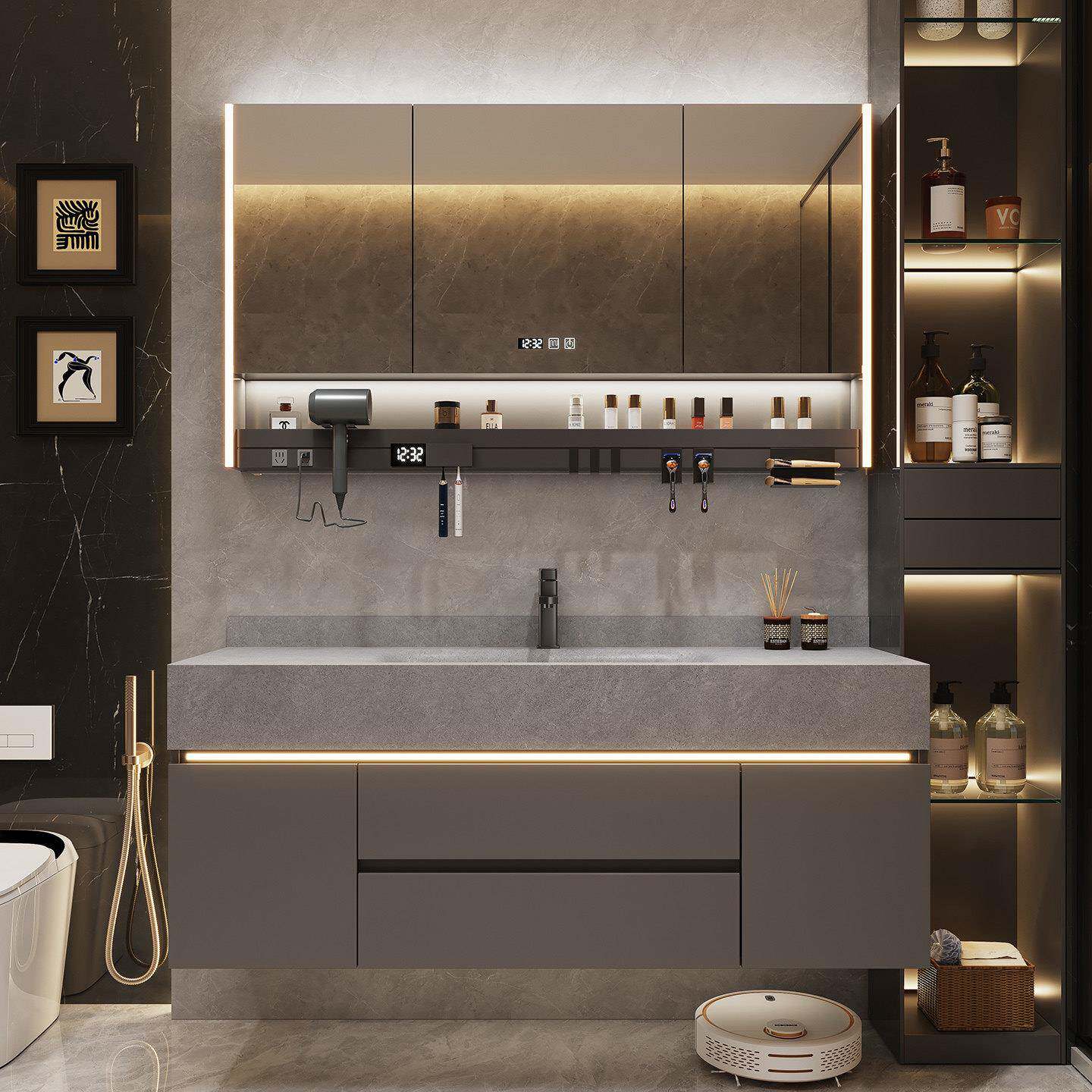 岩板热弯一体盆洗漱台化妆室洗手池洗脸盆盆柜2025新款浴室柜组合