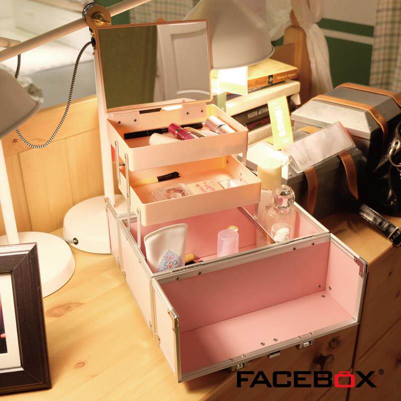 FACEBOX 家用可携式手提化妆箱 多层 带锁 防水 小号工具盒带镜子