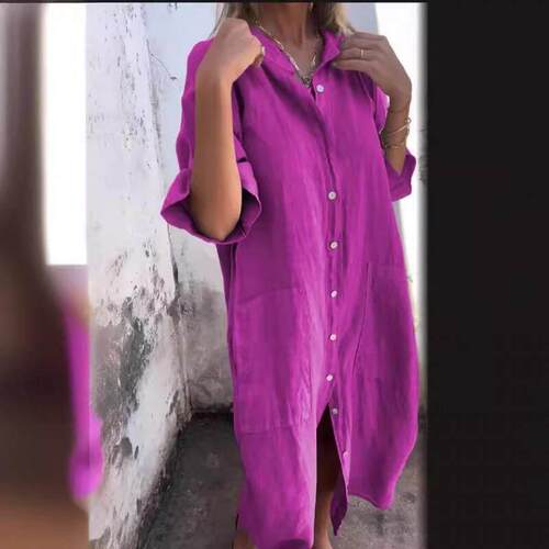 Summer mid sleeve cotton linen women shirt dress衬衣连衣裙女