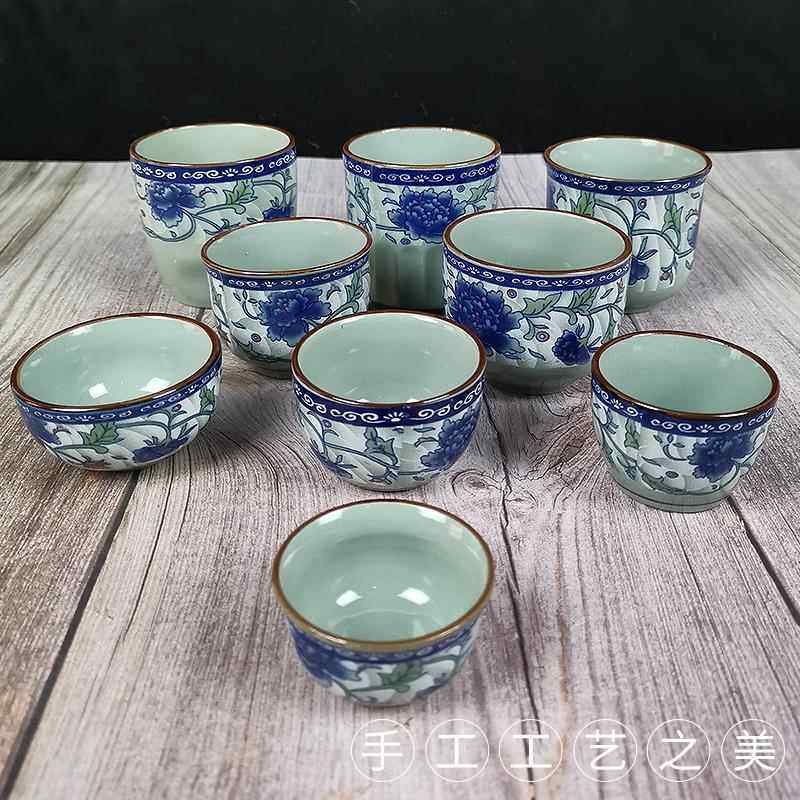 青古瓷青花瓷牡丹复古中式酒店饭店小茶杯酒杯半纹杯陶瓷杯茶具