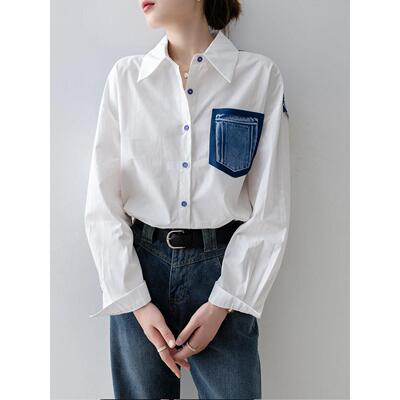 Canary Kiss白色牛仔polo领拼接衬衫女春设计感长袖宽松休闲上衣