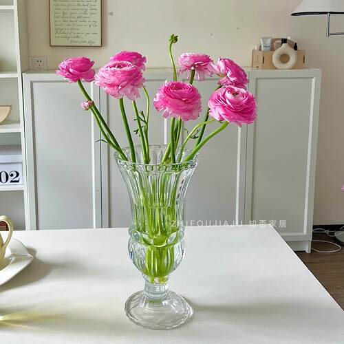法式高脚杯水晶玻璃花瓶浮雕覆古摆件轻奢高档客厅餐桌插花瓶小众