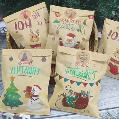 24Set Christmas Gift Bag Kraft Paper Bags Santa Claus Snowma
