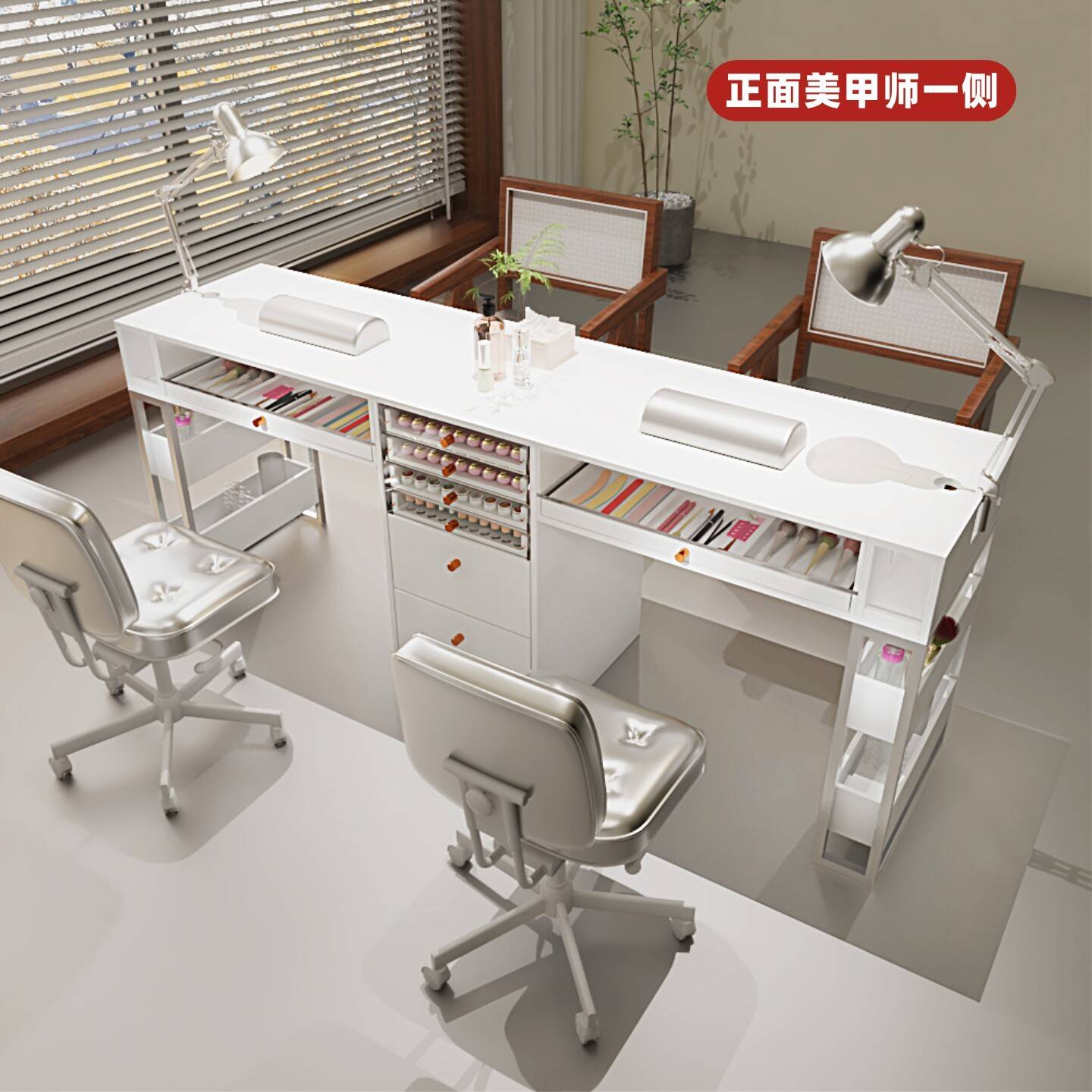 白色美甲桌高端美甲店专用桌子加抽屉多功能带吸尘器桌椅套装定制图片