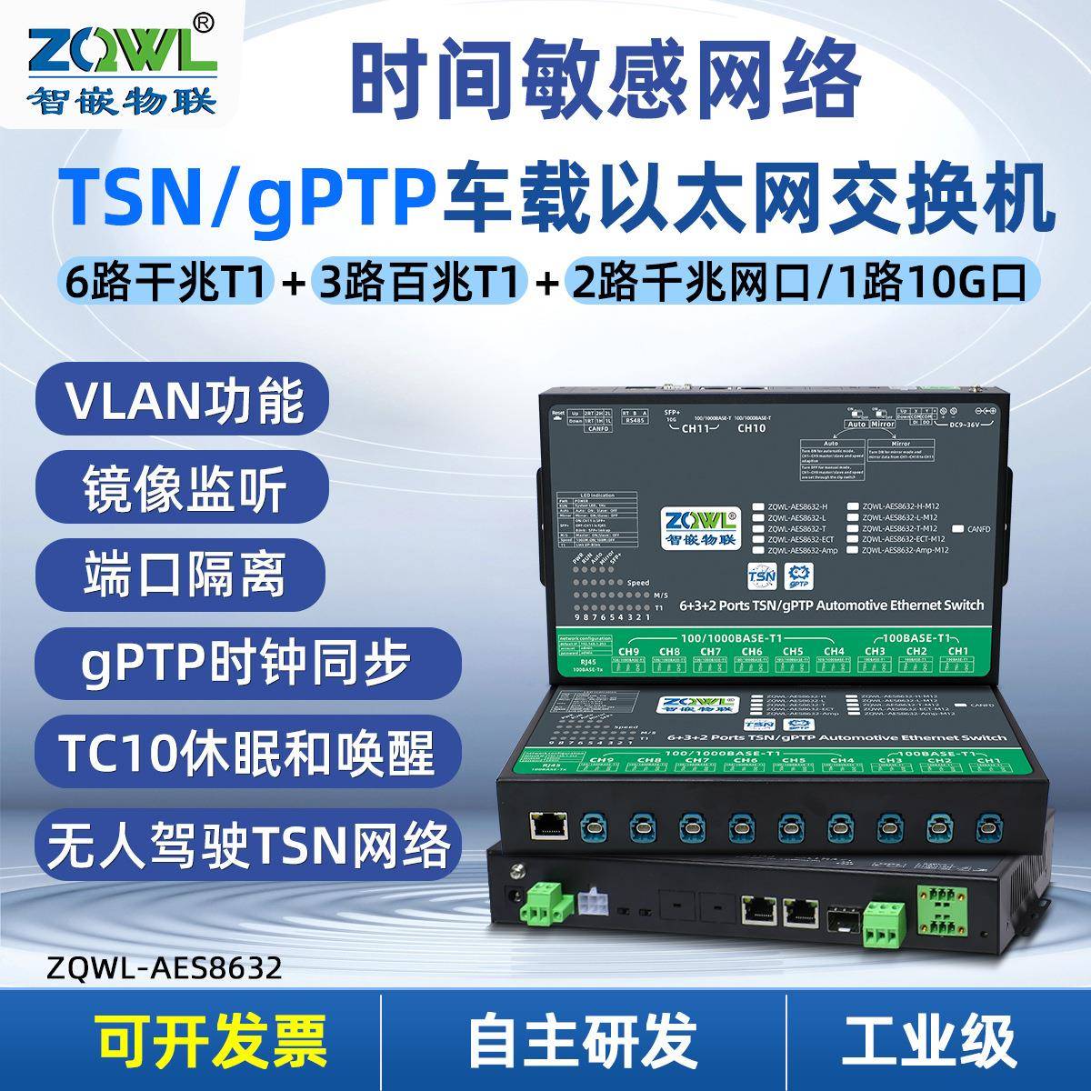 车载以太网TSN交换机gPTP时钟同步100/1000BASE-T1数据监听VLAN