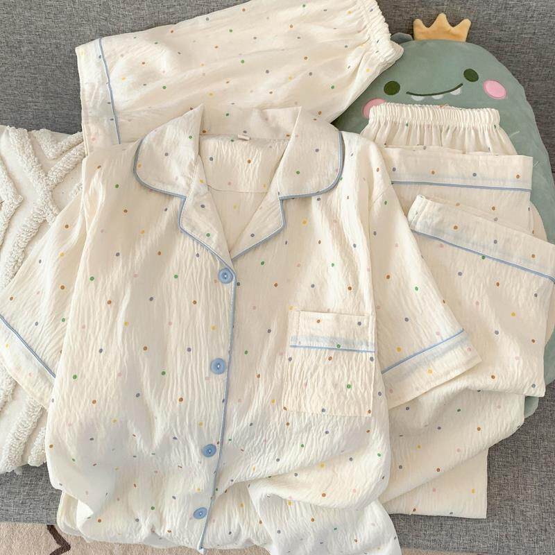 奶乎乎睡衣女春夏季云朵纯棉绸棉纱短袖可爱大码宽松家居服三件套