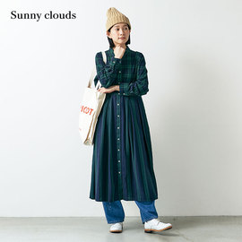 秋季 桑妮库拉/Sunny clouds 女式纯棉蓝绿格子条纹连衣裙