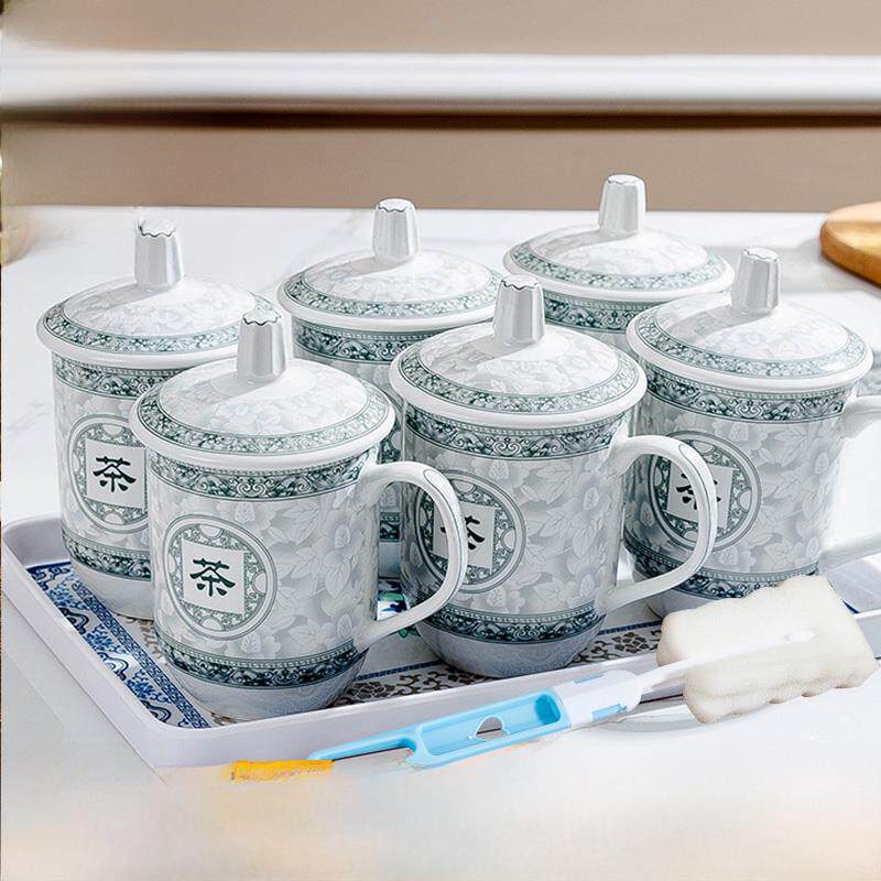 景德镇有盖陶瓷杯一套6个，办公会议杯托盘，家用瓷茶杯，酒店水