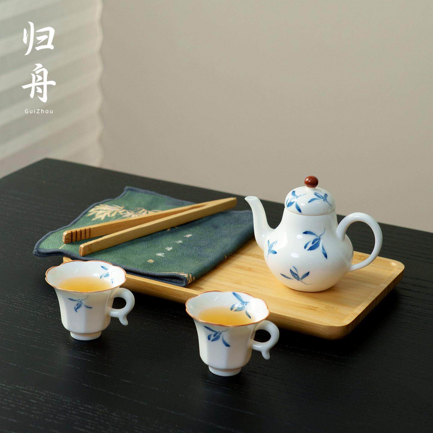 归舟秋水兰花手绘泡茶壶陶瓷套装家用办公精致功夫茶具喝茶小茶杯