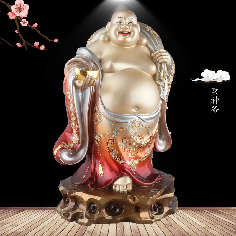黄铜彩绘弥勒佛大肚如意添福铜站像布袋笑佛居家人物客厅摆件