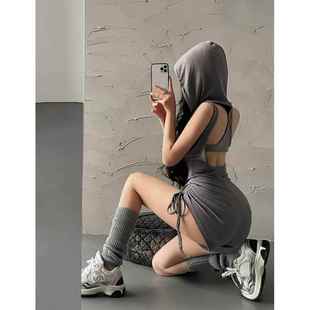 1458 露背健身抽绳褶皱连体短裤 欧美辣妹连帽抽绳训练修身 显瘦无袖