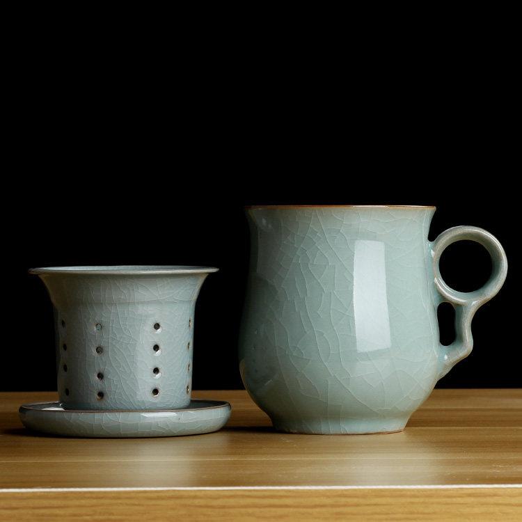 青瓷茶杯带内胆过滤杯陶瓷冰裂同心杯茶水分离带茶漏中国风办公杯
