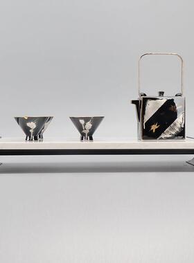 新中式茶具套装金属托盘刷银陶瓷茶壶摆件样板房书房茶室桌面饰品