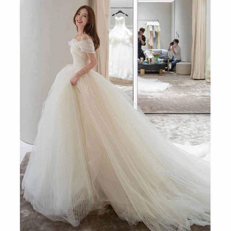 肩拖纱一字婚纱2023尾气法式新娘质孕妇新款简约主婚高腰轻小个子