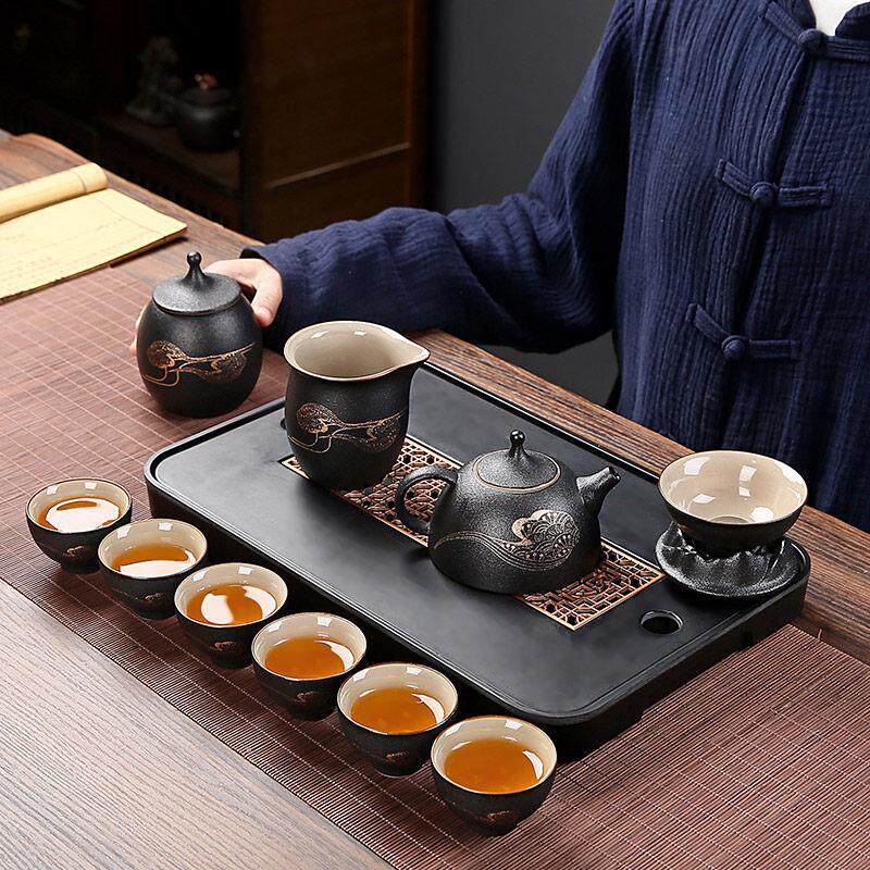 高档黑陶功夫茶具套装粗陶整套家用办公茶盘茶具禅风黑茶壶茶杯