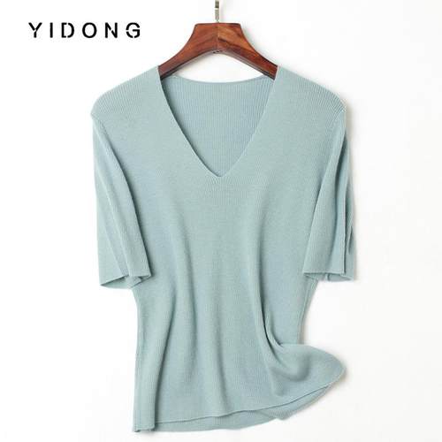 精纺V领抽条女士纯色山羊绒针织半截袖 休闲时尚修身气质短袖