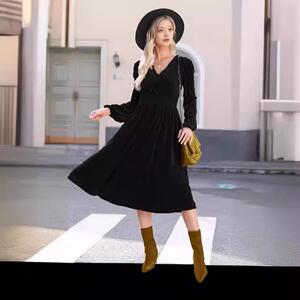 An elegant women's brown V-neck revealing long sleeved dress
