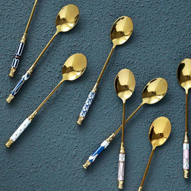 轻奢下午茶勺304不锈钢镀金咖啡勺陶瓷手柄甜品勺子搅拌勺高级感