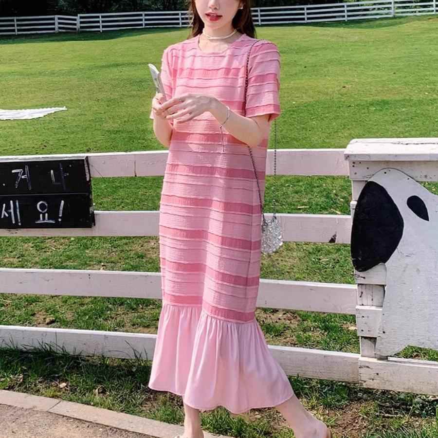 欧洲站法式粉色鱼尾裙连衣裙女夏季2026新款甜美减龄宽松t恤长裙