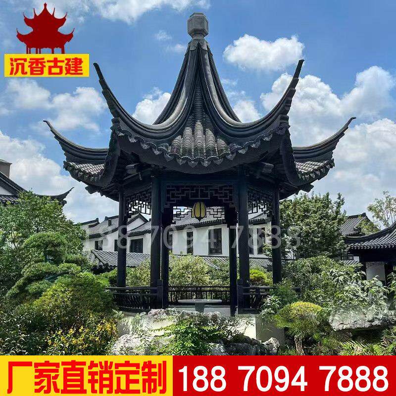 六角古建凉亭户外庭院园林实木水车菠萝格长廊新中式青瓦防腐木屋