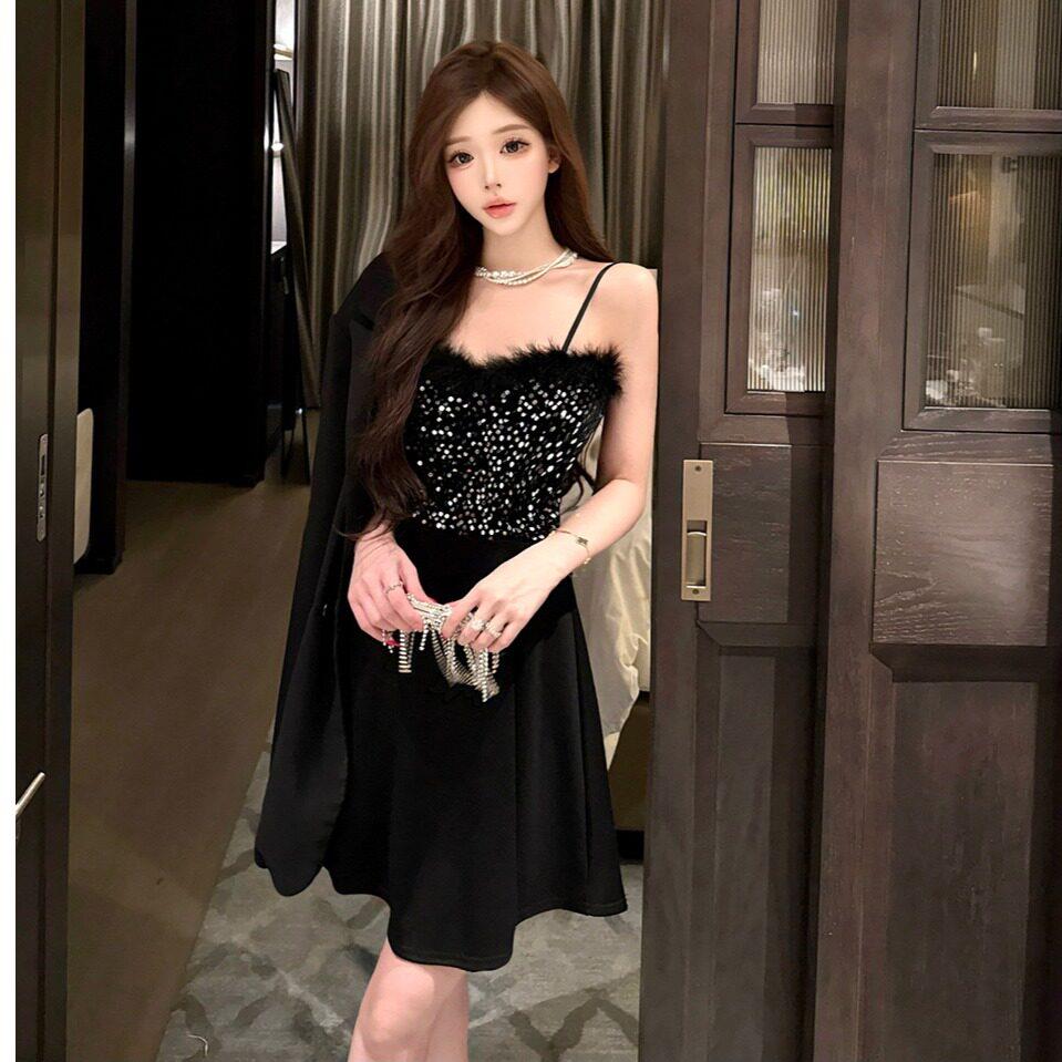 205新款辣妹时尚性感低胸大摆亮片拼接吊带黑色连衣裙收腰字裙