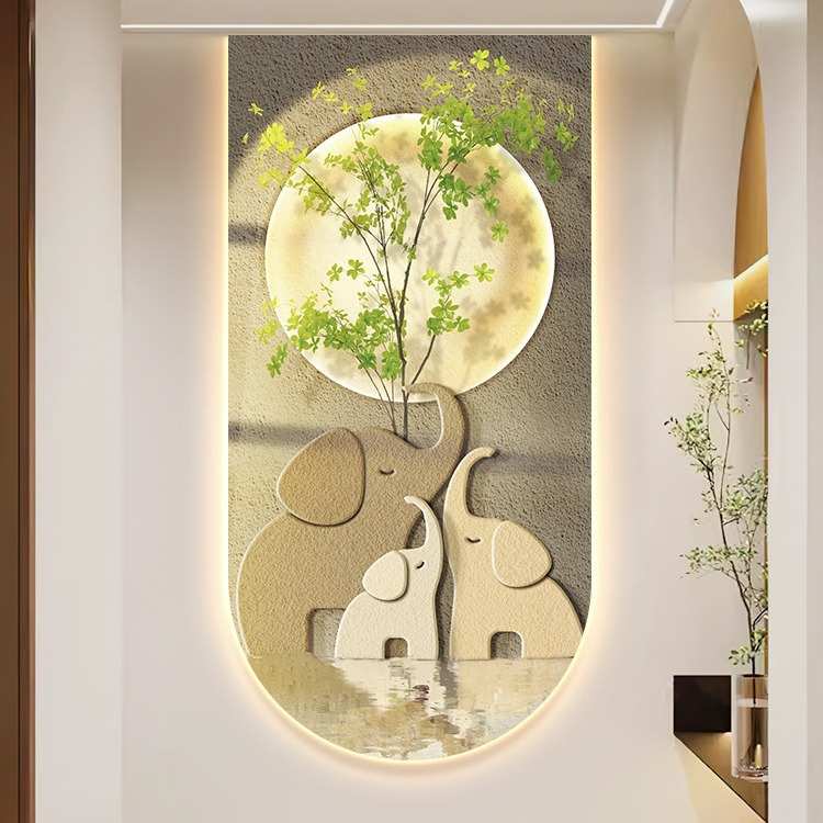 入户玄关装饰画奶油风走廊尽头过道挂画背景墙北欧绿植大象壁灯画