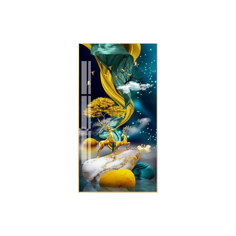 现代玄关镶钻壁画进门背景墙挂画走廊餐厅竖版装饰画北欧鹿晶瓷画