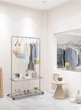 服装店展示架不锈钢移动落地式挂衣杆男女装店玻璃带轮子货架