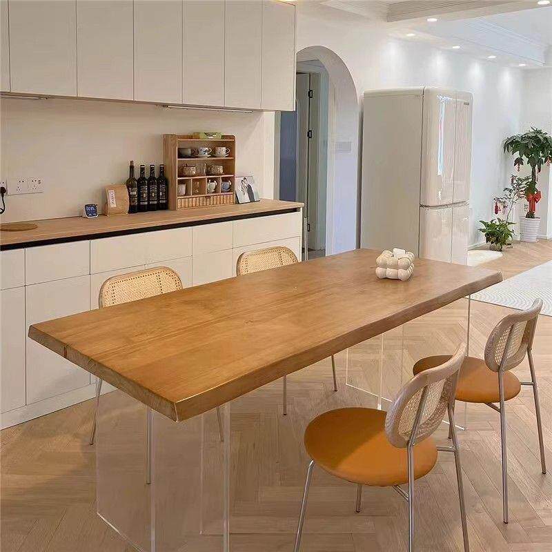 亚克力实木悬浮餐桌椅小户型原木风客厅书桌电脑桌长方形吃饭桌子