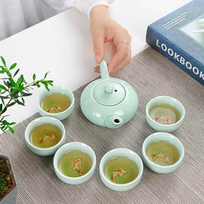 青瓷小鱼一壶六杯茶具套装家用简约商务伴手礼新春礼品可印logo
