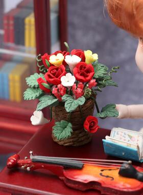 1:12娃娃屋dollhouse迷你家具微缩花园客厅场景花卉摆件红玫瑰