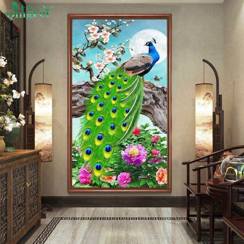 青飞精准印布花好月圆绿光森林十字绣孔雀牡丹富贵花开客厅玄关画