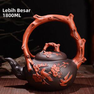 正品宜兴紫砂茶壶梅鹊报春彷古提梁壶1800ML大号水壶茶具摆件装饰