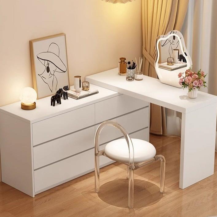 简约现代可伸缩斗柜化妆台一体奶油风书桌化妆柜卧室梳妆台化妆桌