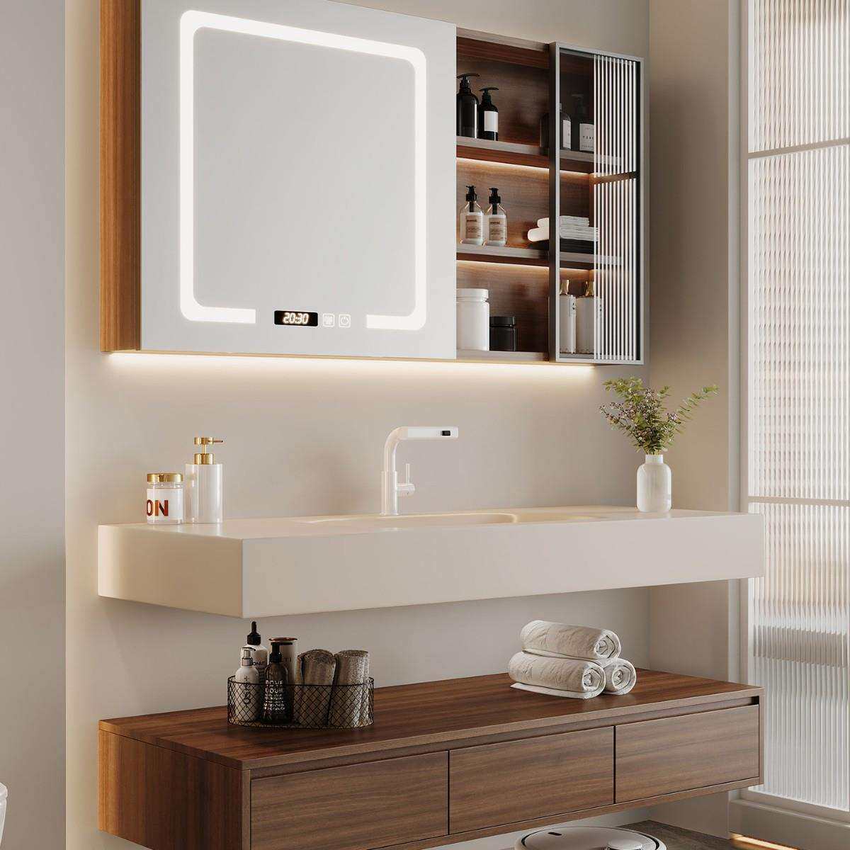 中古风胡桃木双层岩板热弯一体盆浴室柜组合卫生间洗手洗脸洗漱台