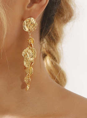 E13119欧美跨境轻奢风金属时尚耳饰 ZA复古个性长款圆片吊坠耳环